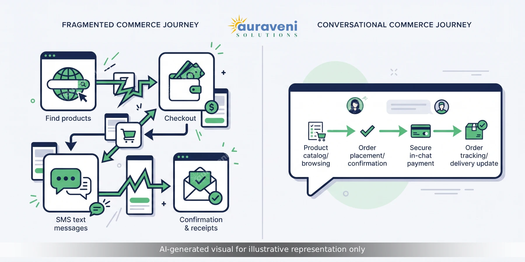 Comparison diagram showing a fragmented multi-app shopping journey versus a streamlined conversational commerce journey completed entirely within WhatsApp