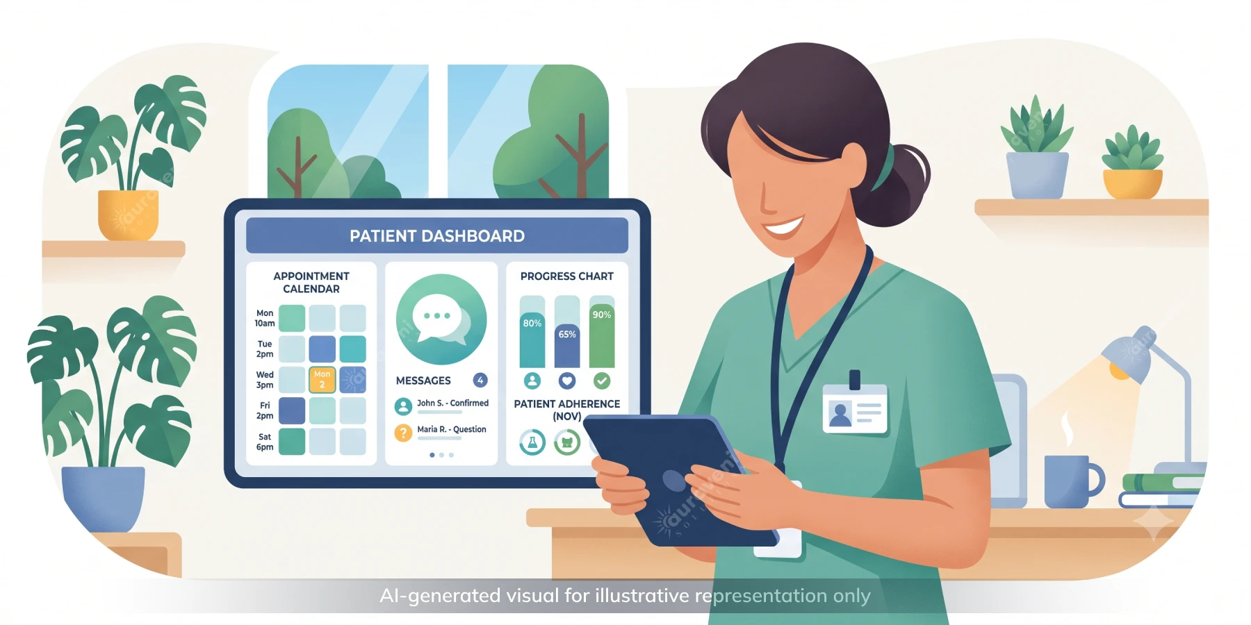 Healthcare professional reviewing a custom CRM dashboard showing patient appointments and follow-up reminders on a tablet