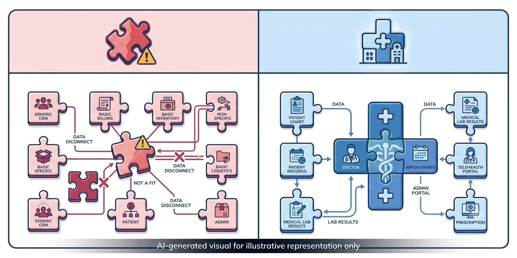 Comparison illustration of generic off-the-shelf CRM software versus a custom-built CRM designed specifically for clinic workflows