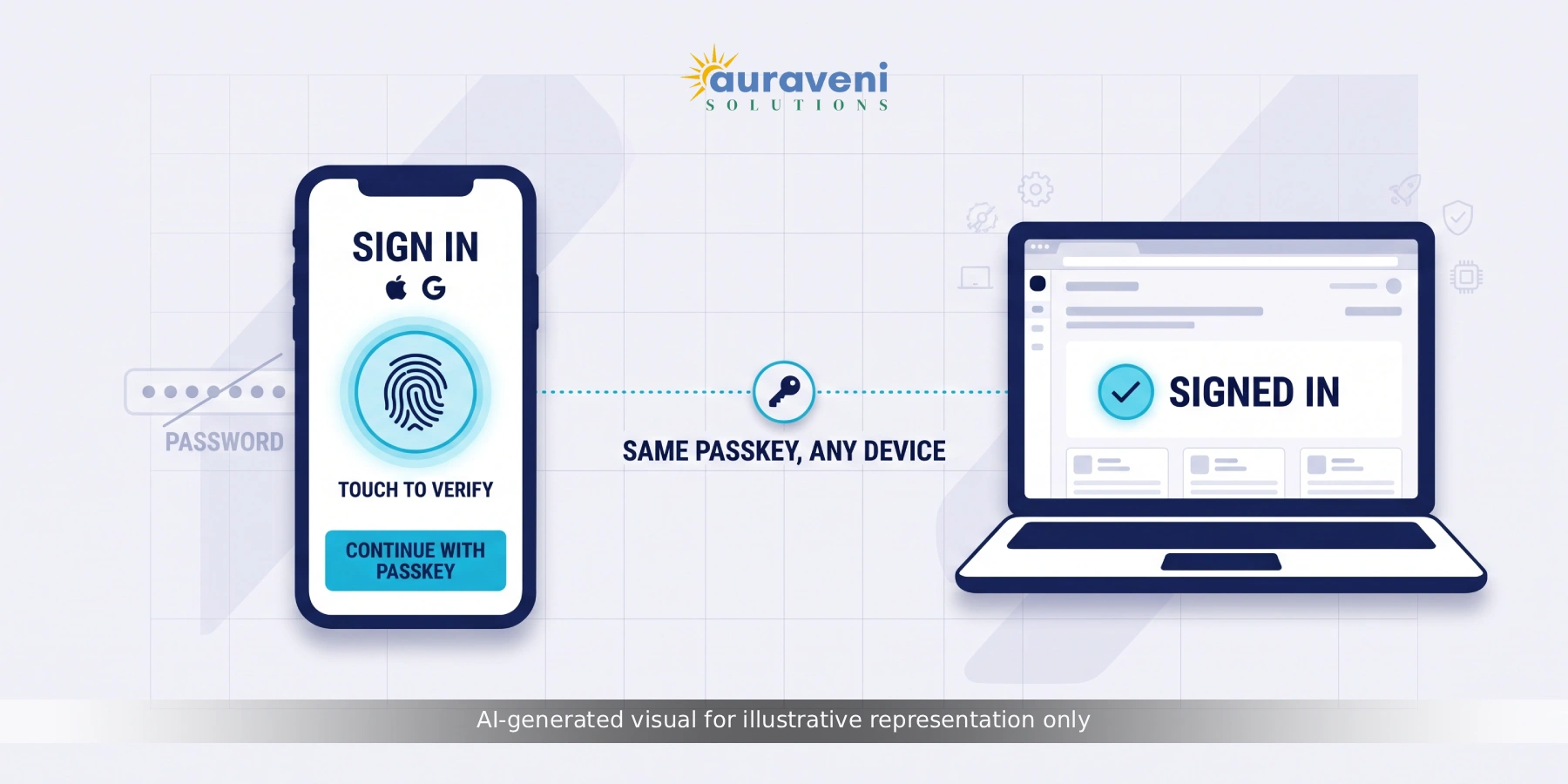 Illustration of a passkey login screen with biometric authentication replacing a traditional password field