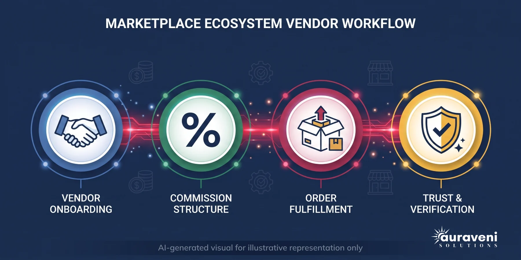 Four-stage diagram of multi-vendor marketplace operations: vendor onboarding, commission structure, order fulfilment, and vendor verification