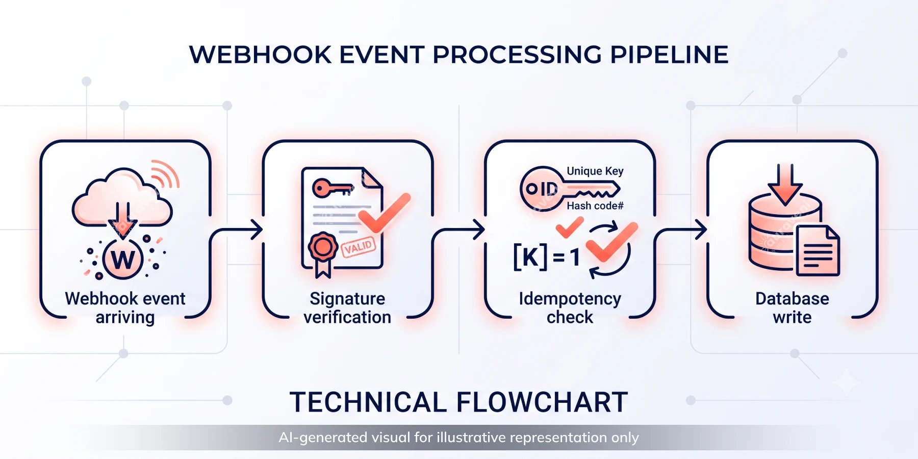 Flowchart showing the four-step webhook handling process: event received, signature verified, idempotency checked, and data safely recorded