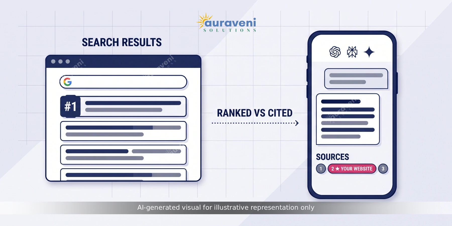 Illustration showing one webpage being read and evaluated differently by multiple AI search engines including ChatGPT, Perplexity, and Gemini