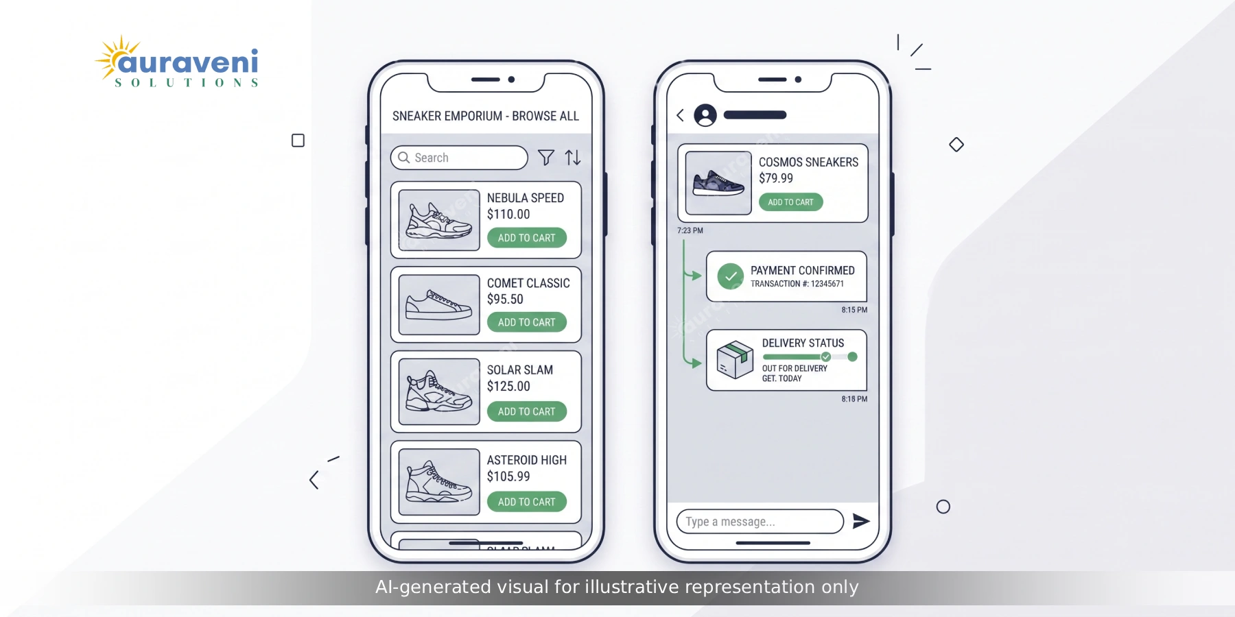 Smartphone showing a WhatsApp conversation with a product catalogue, payment confirmation, and order tracking happening inside one chat thread