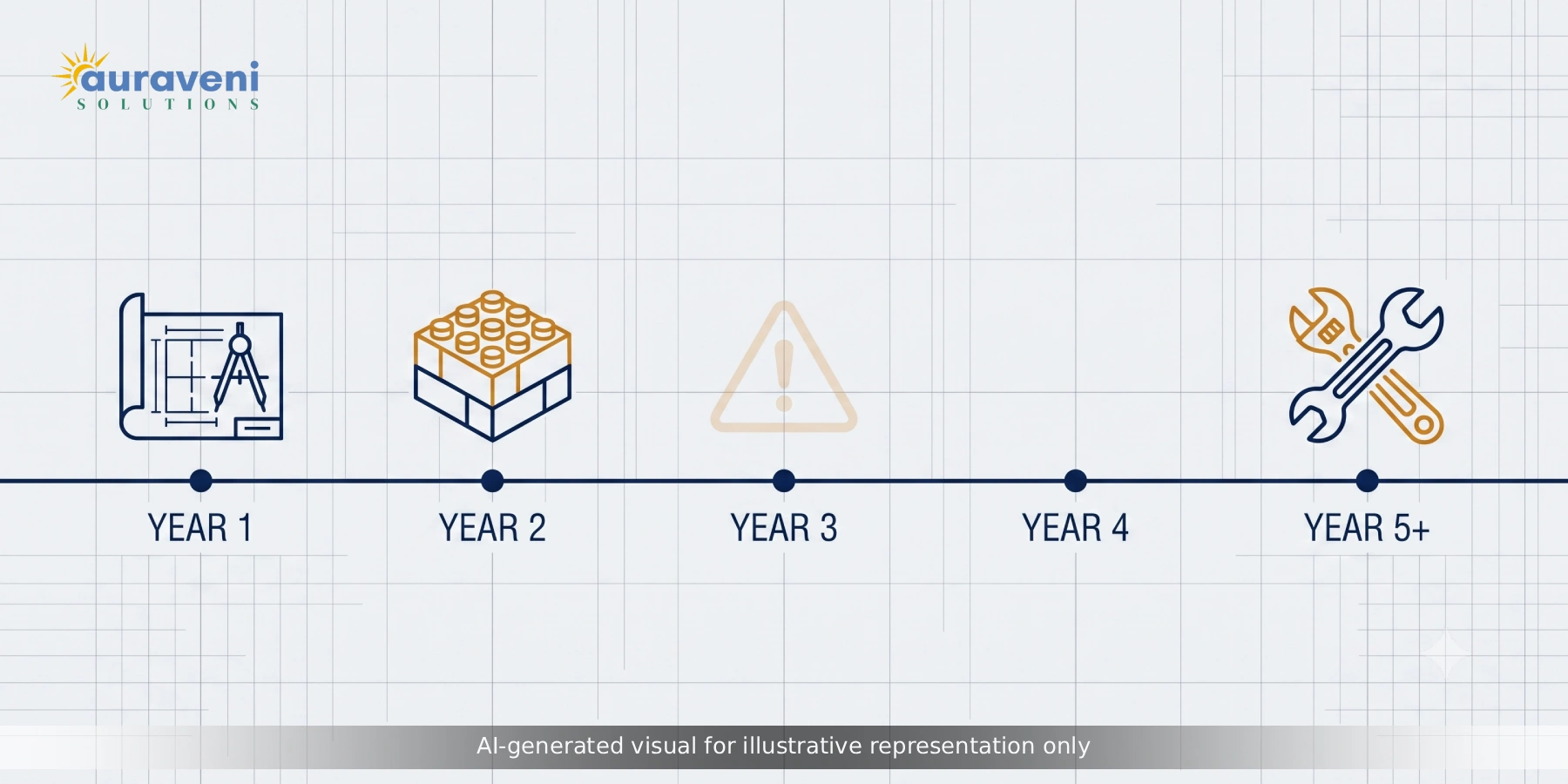 Timeline showing how software systems without proper architecture planning accumulate technical debt within three to five years, leading to costly rework