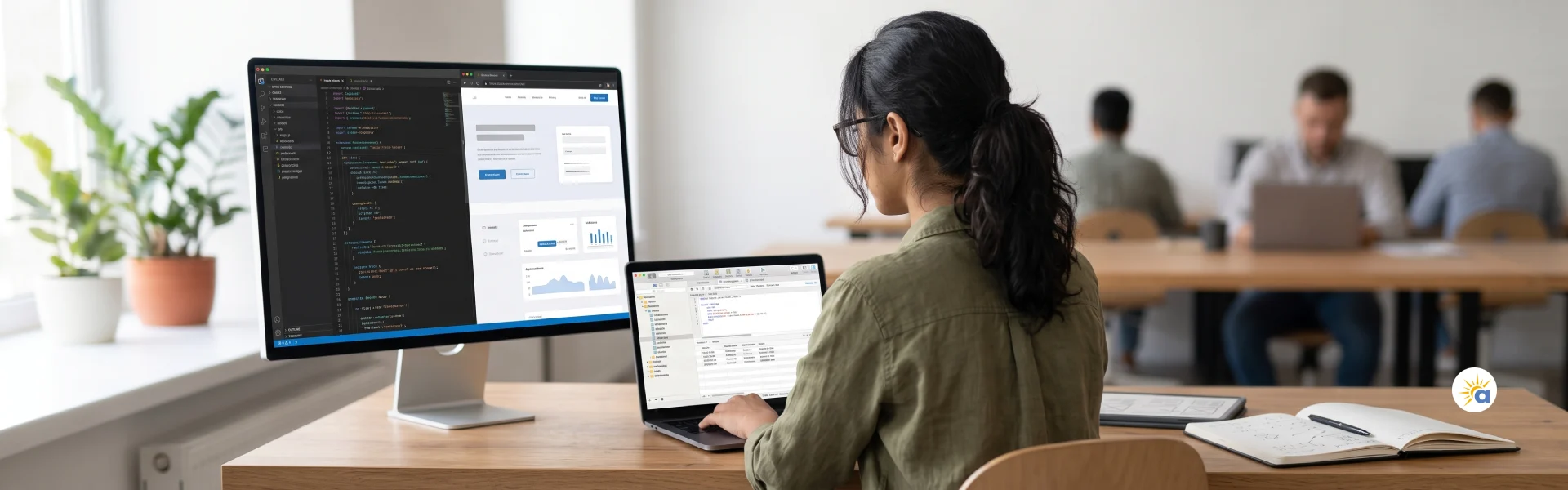 Auraveni full stack developer coding a web application with a live preview and wireframes on the desk