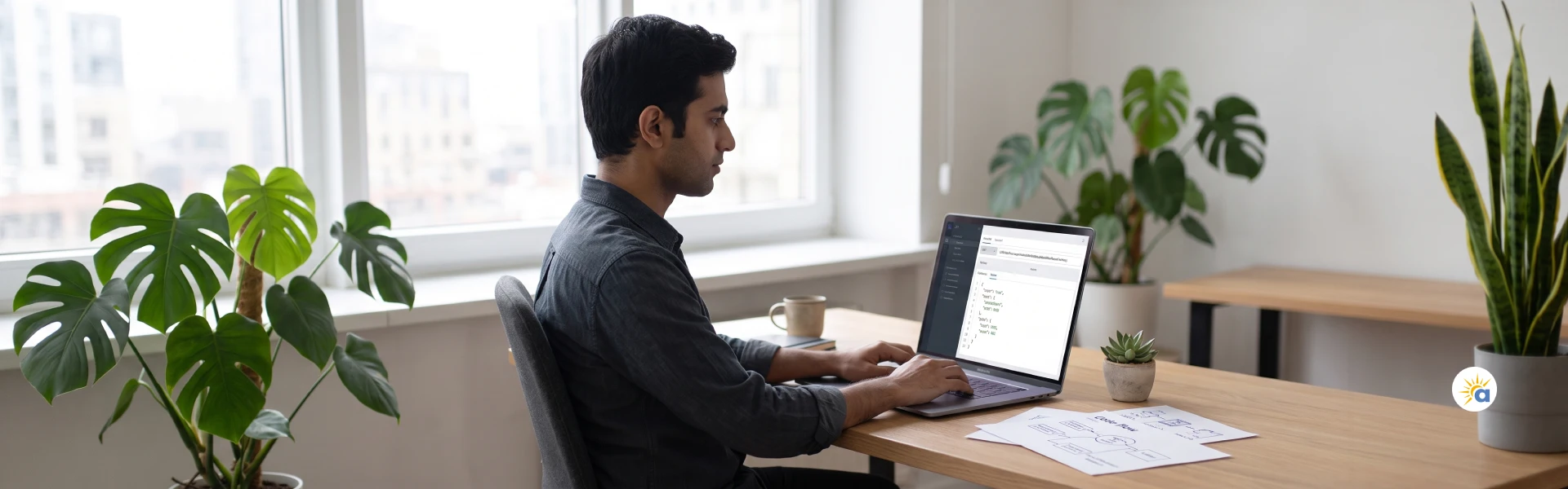 Auraveni team testing and building API requests on a MacBook using an API testing tool