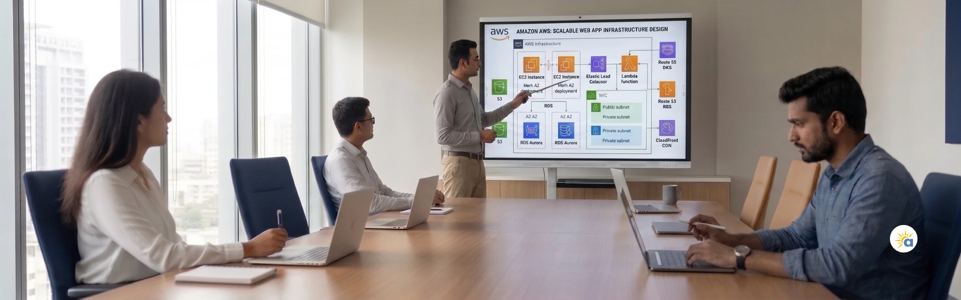 Project manager of Auraveni presenting a cloud infrastructure architecture diagram to a team of developers and cloud engineers