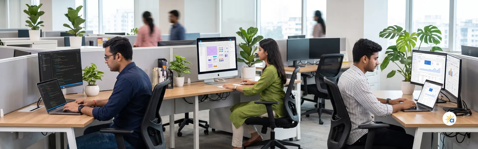 Auraveni Solutions team working on development, design, and digital marketing across our services
