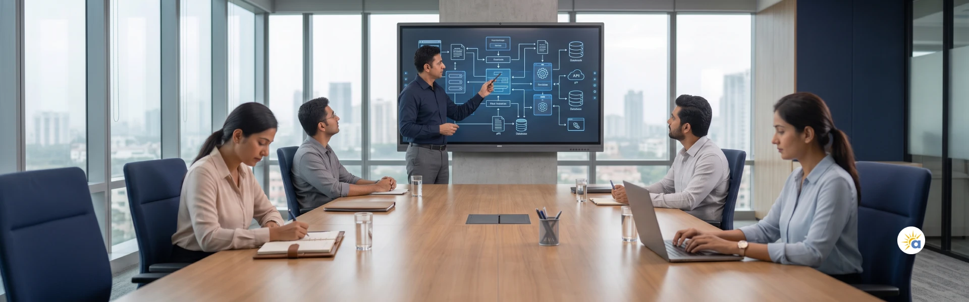 Project manager of Auraveni presenting a software system architecture to a development team during a custom software project
