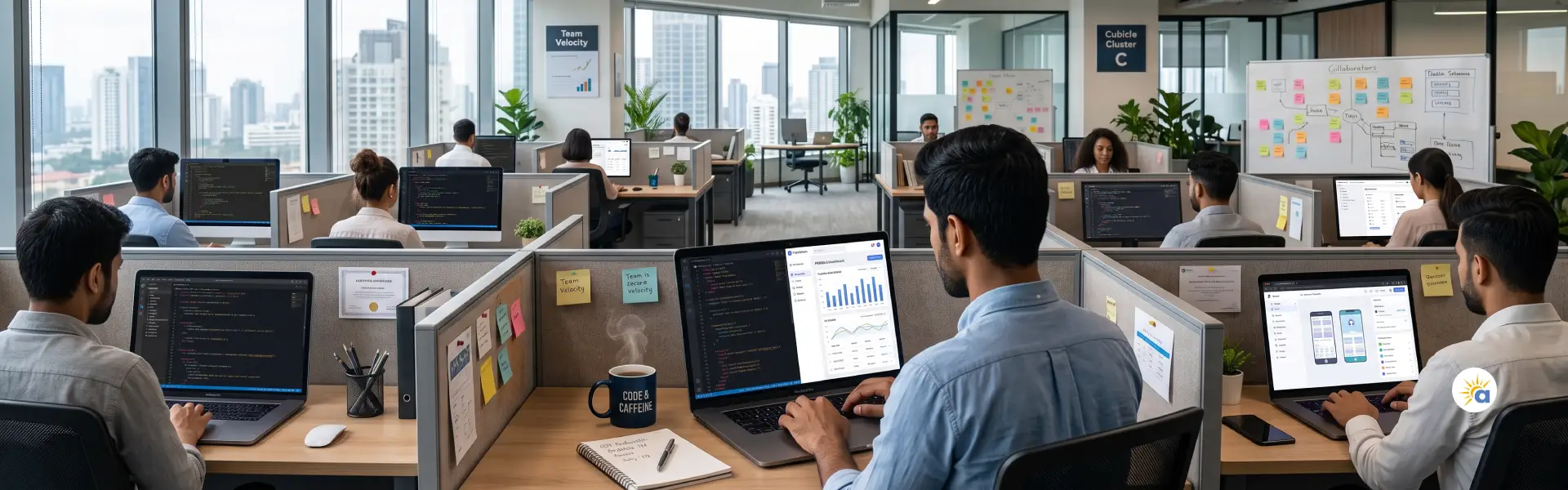Auraveni developers working on a web application, with a split-screen code editor and live dashboard visible on a MacBook
